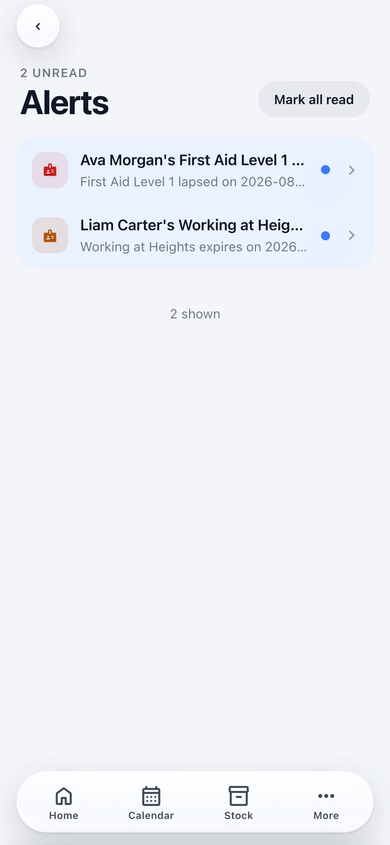 The alerts screen listing notifications newest first.