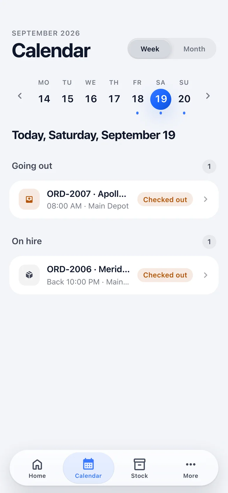 The calendar on the phone: a week strip and the chosen day's going out, coming back and on hire.