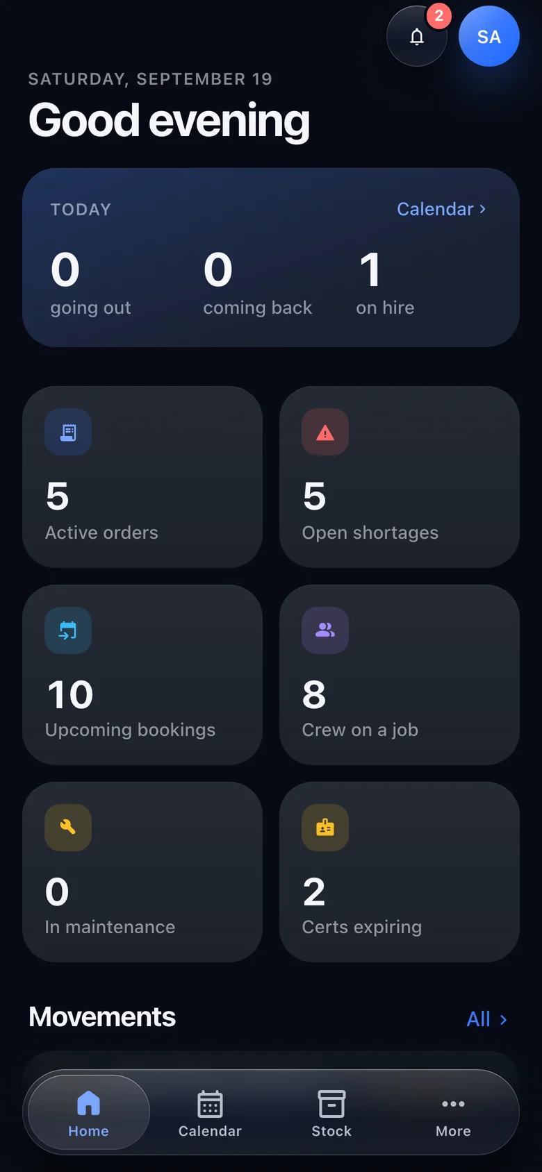 The home screen in dark mode.