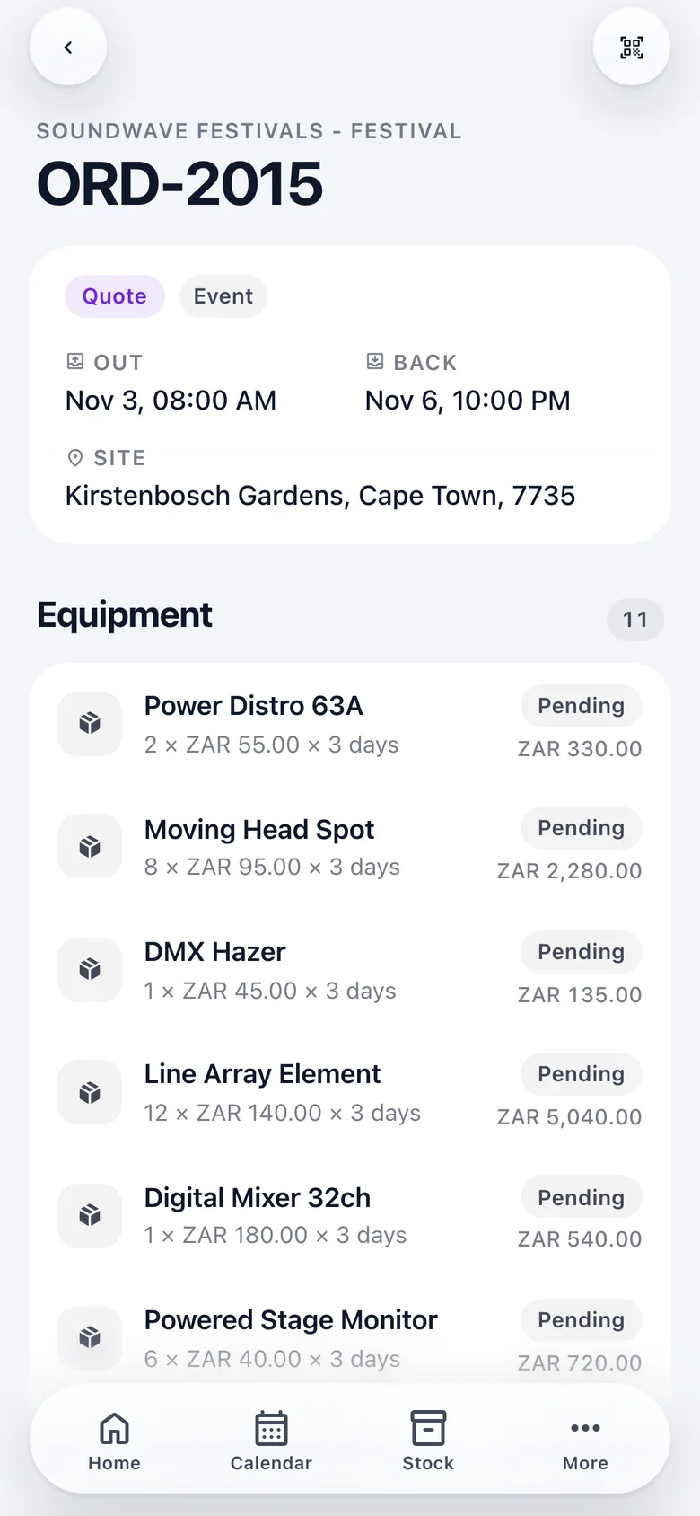 An order on the phone: dates, site, kit, crew, transport, contacts and totals.