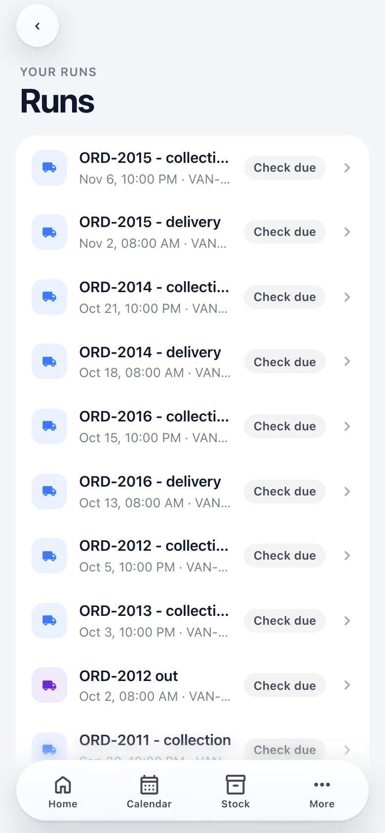 The driver's runs list showing what is still owed on each run.