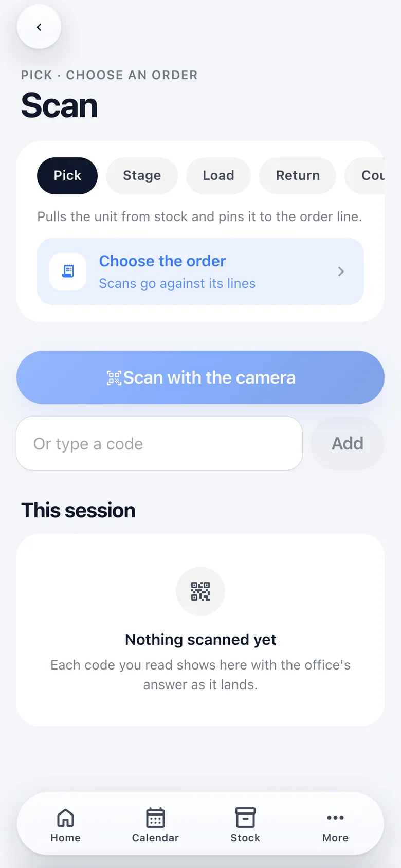 The scan screen: pick, stage, load, return or count, the order the scans belong to, the camera, and a typed code as fallback.