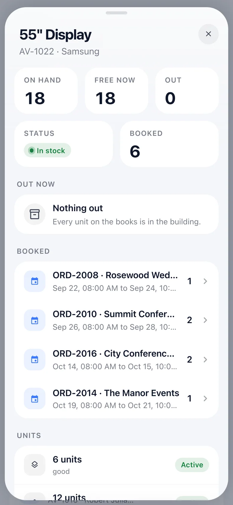 A stock item on the phone: on hand, free now, out, booked, and the jobs that currently have it.