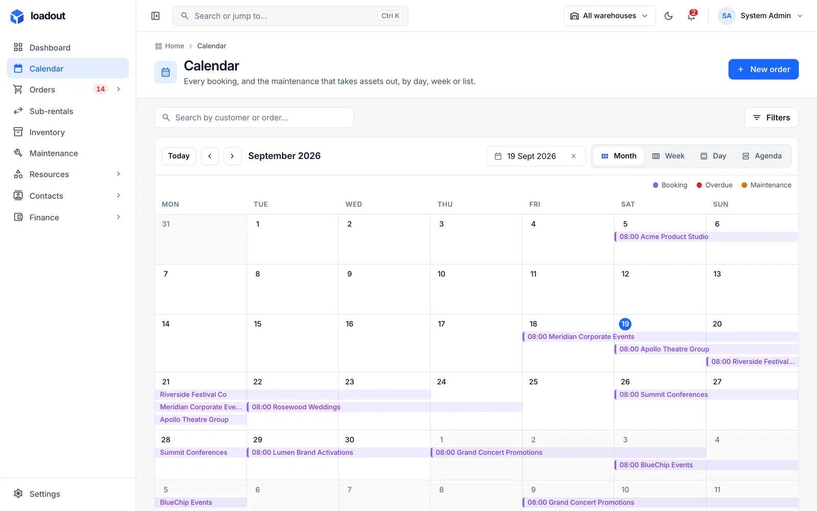 The calendar with bookings spanning their hire dates.