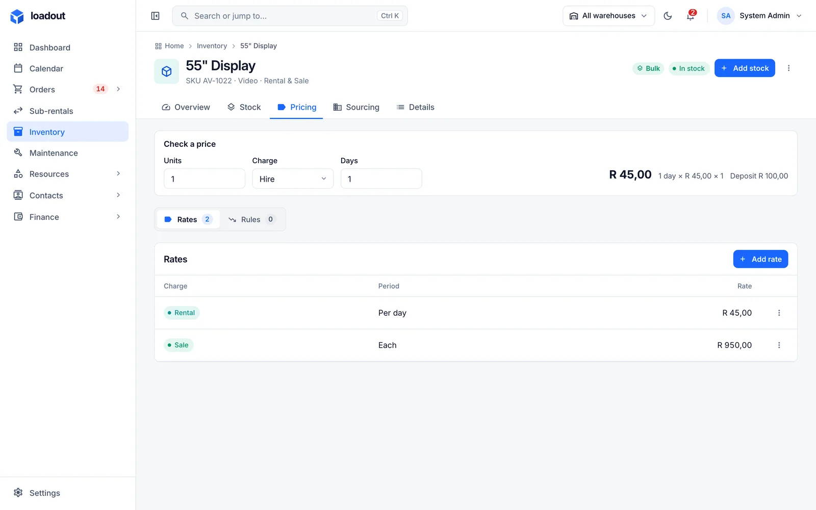 The pricing tab: rental and sale rates with quantity breaks and duration tiers.