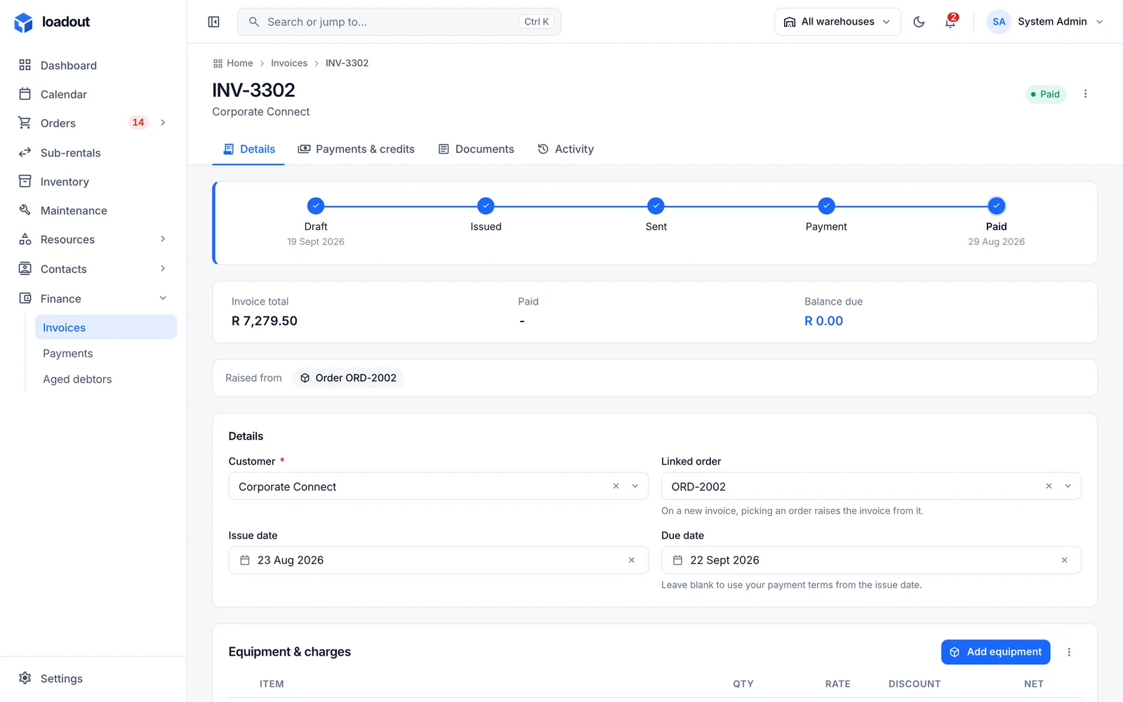 An invoice's details: lines, totals, and its sending and payment activity.