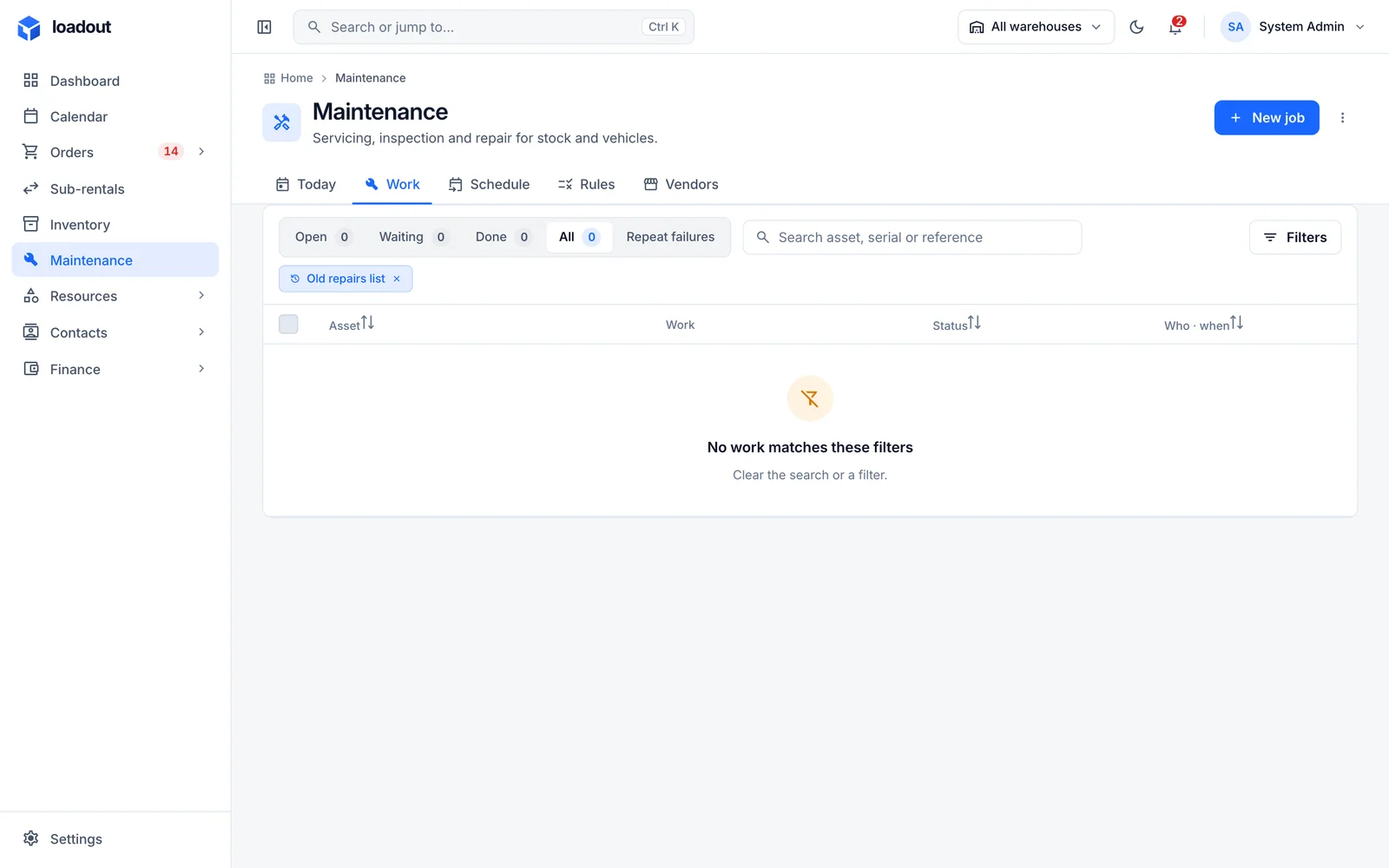 The maintenance work list: open, waiting and done, searchable by asset, serial or reference.