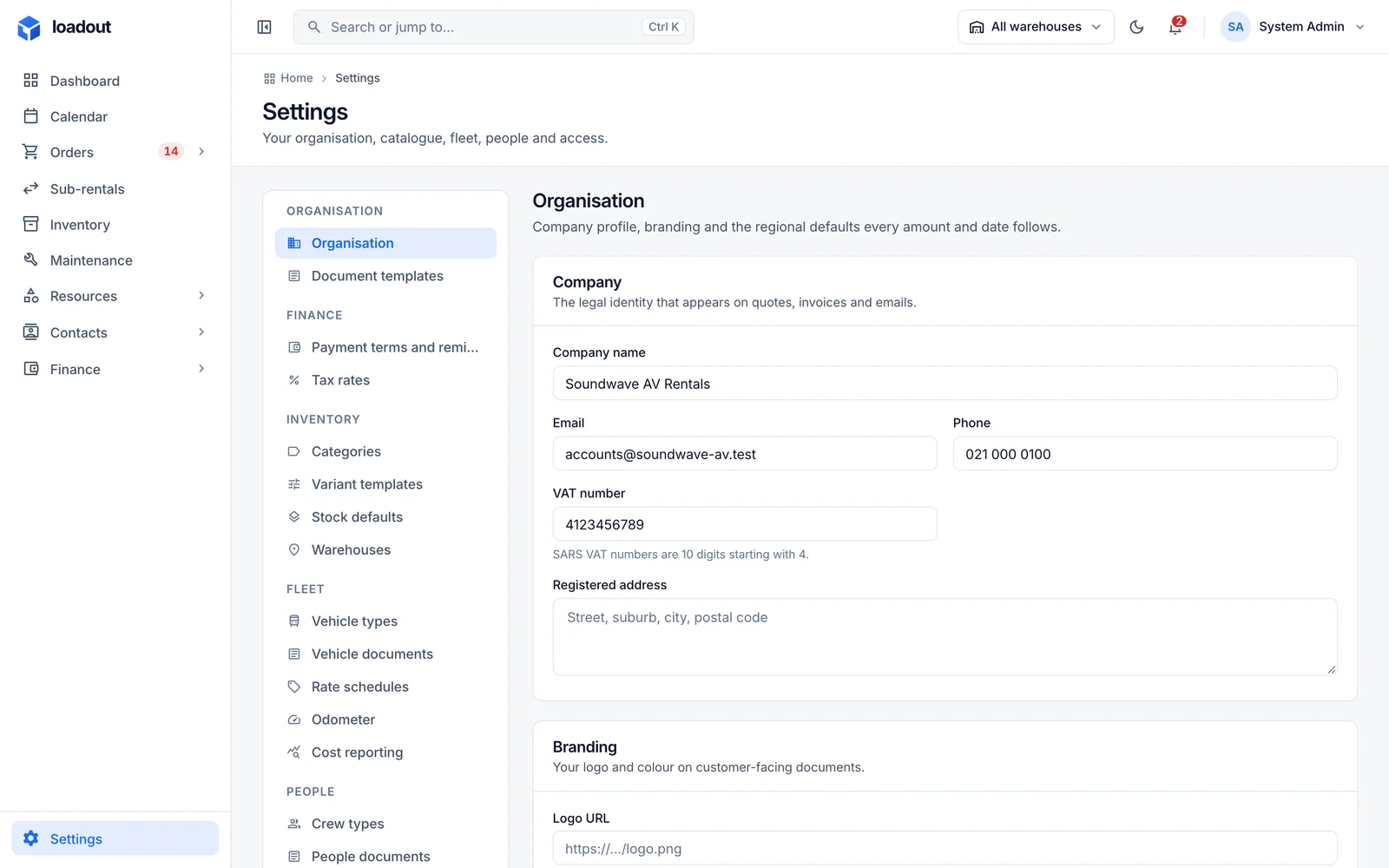 Organisation settings.